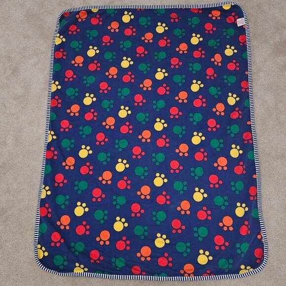 VTG GYMBOREE Reversible Baby Blanket Paw Prints Blue White Red Yellow Green READ - Picture 5 of 9